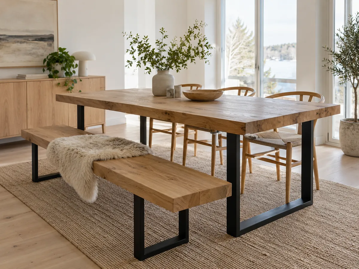 Solid oak dining table and bench on black steel legs — AI concept