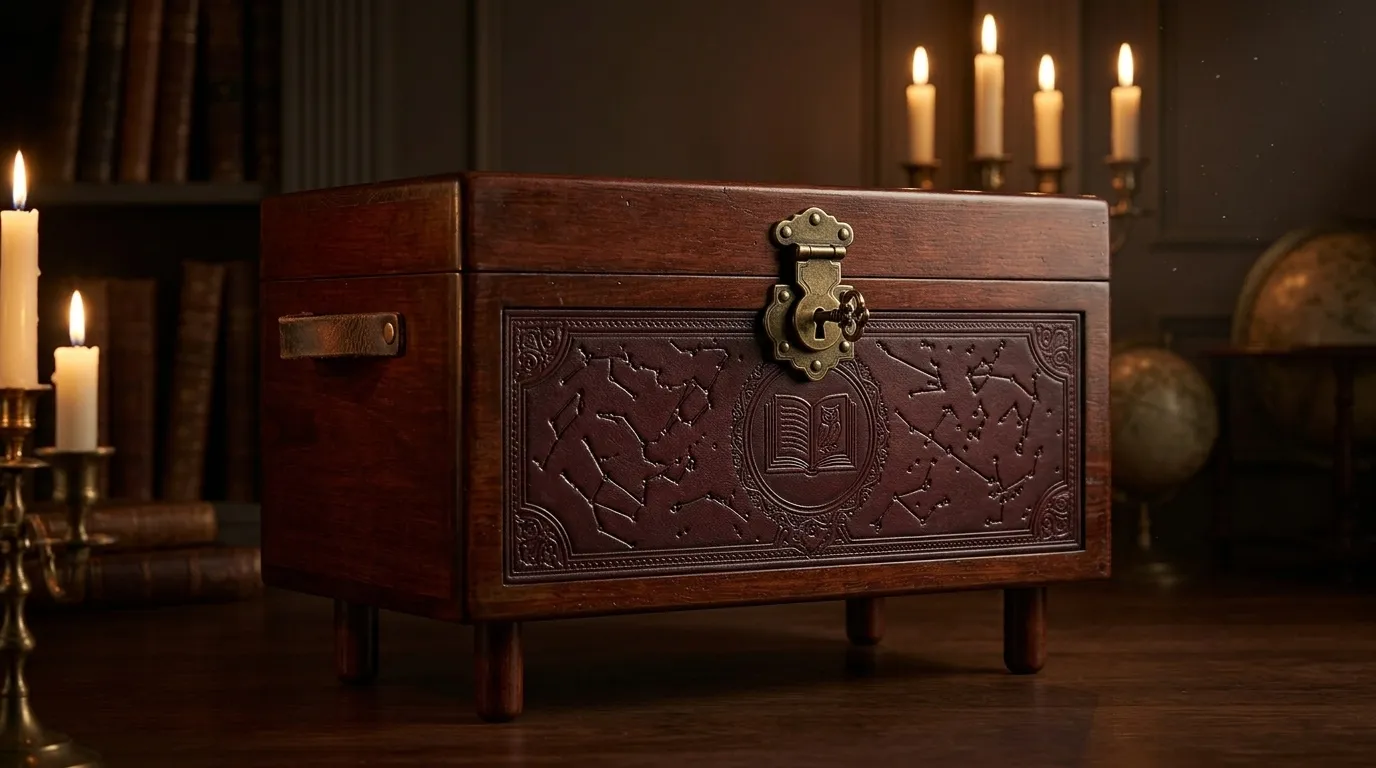 AI-designed wooden chest with a carved constellation pattern