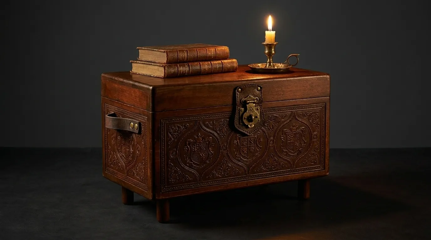 AI-designed carved wooden chest lit by candlelight